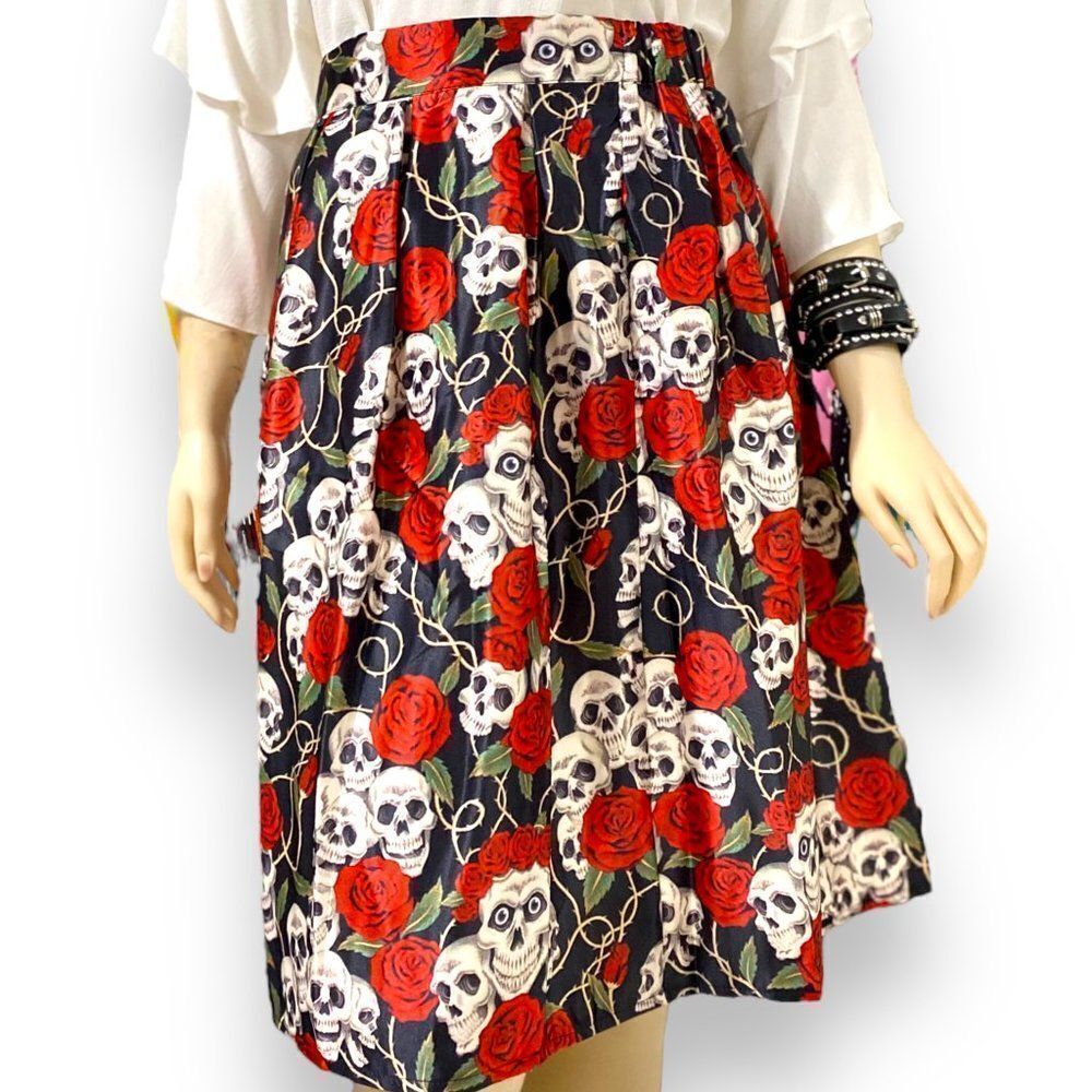 Skulls and Roses Pleated Midi Skirt NWT
